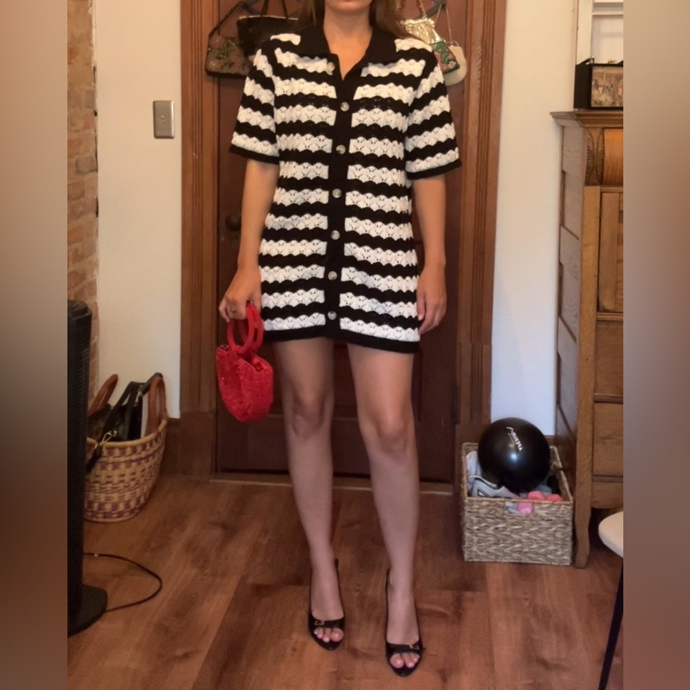 New York & Company Black and White Mini Dress with Red Accent